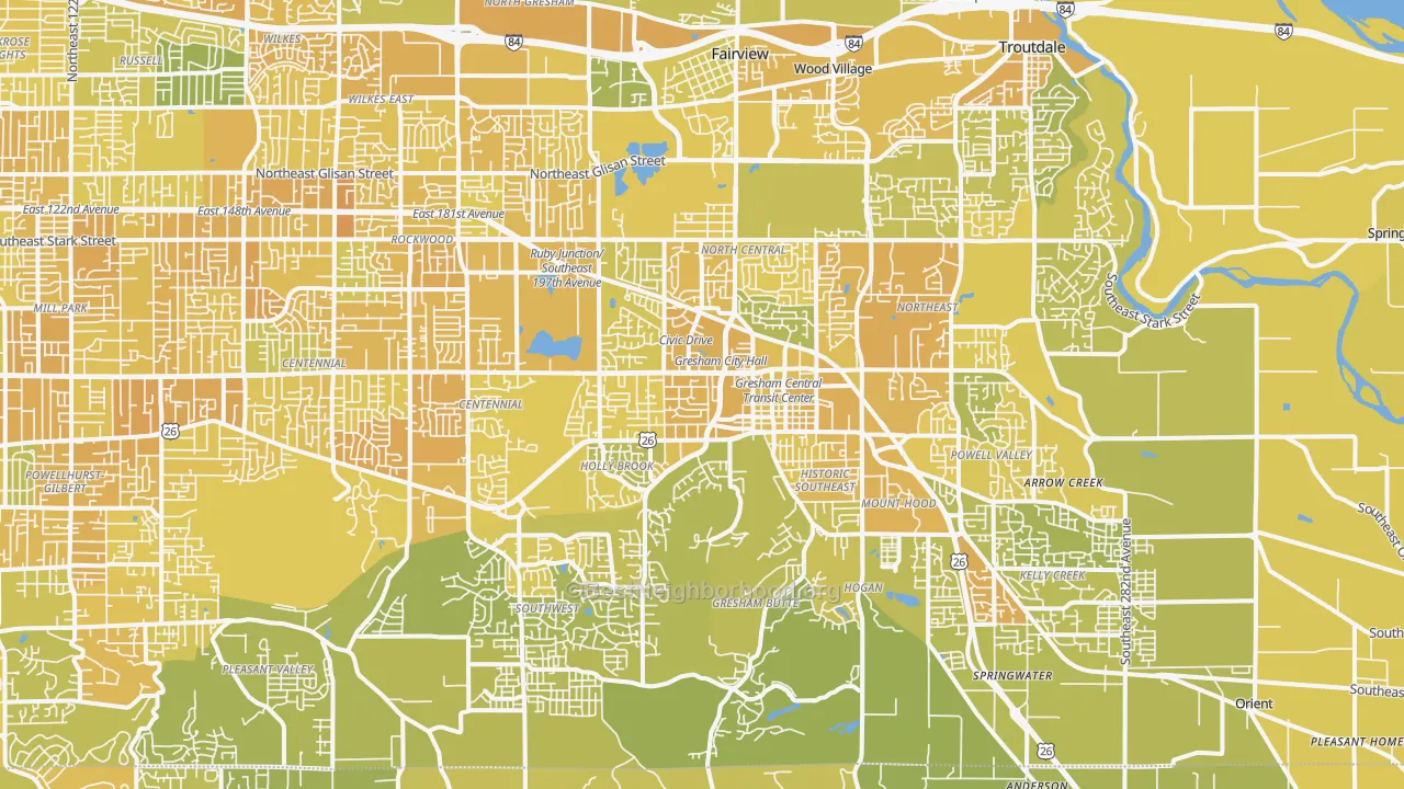 Map of the best neighborhoods in the Gresham area, with better matches in green and worse matches in red