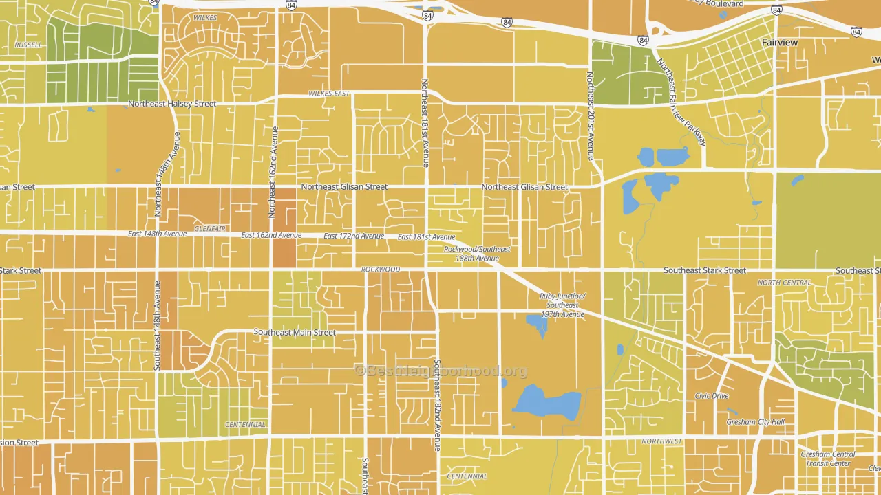 Map of the best neighborhoods in the Gresham-Rockwood, Gresham area, with better matches in green and worse matches in red