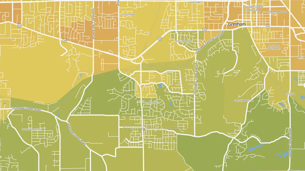 Map of the best neighborhoods in the Gresham-Southwest, Gresham area, with better matches in green and worse matches in red
