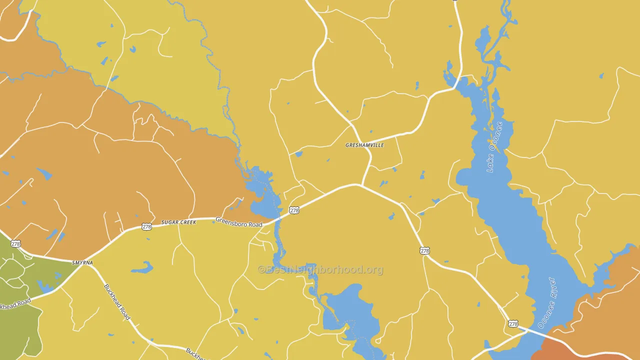 Map of the best neighborhoods in the Greshamville area, with better matches in green and worse matches in red