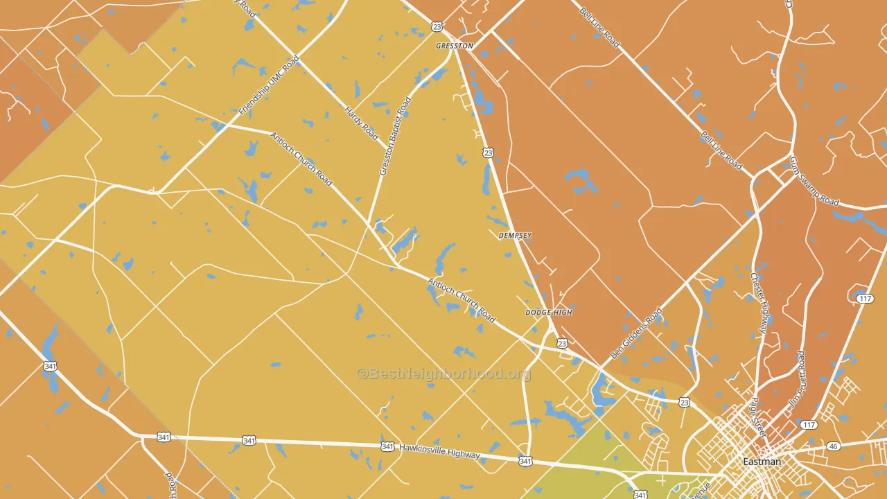 Map of the best neighborhoods in the Gresston area, with better matches in green and worse matches in red