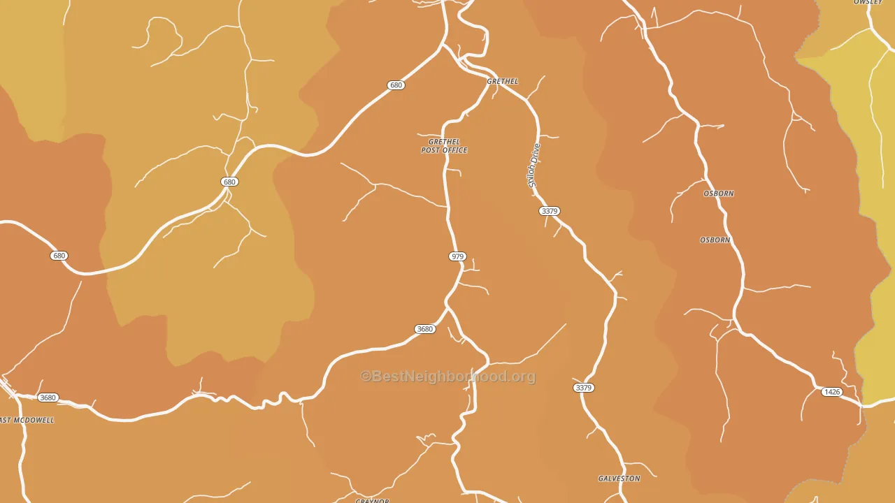 Map of the best neighborhoods in the Grethel area, with better matches in green and worse matches in red