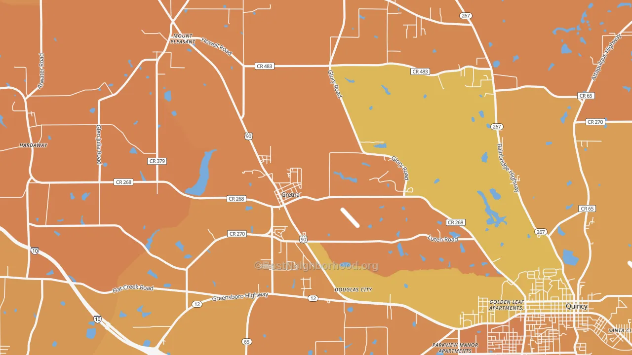 Map of the best neighborhoods in the Gretna area, with better matches in green and worse matches in red