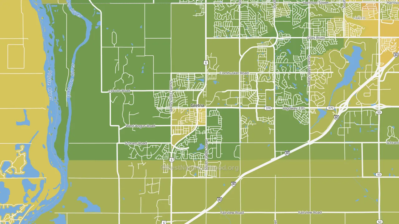 Map of the best neighborhoods in the Gretna area, with better matches in green and worse matches in red