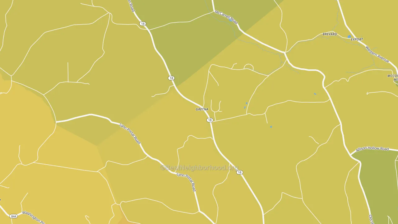 Map of the best neighborhoods in the Gretna area, with better matches in green and worse matches in red