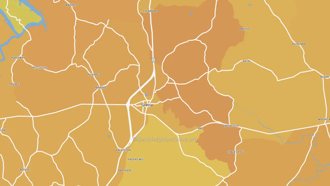 Map of the best neighborhoods in the Gretna area, with better matches in green and worse matches in red