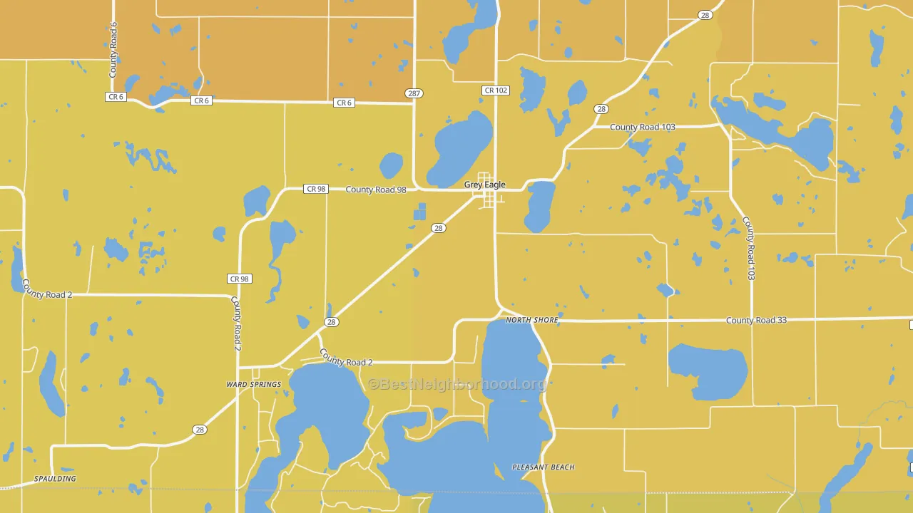 Map of the best neighborhoods in the Grey Eagle area, with better matches in green and worse matches in red