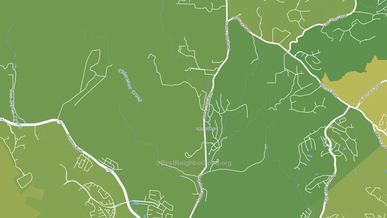 Map of the best neighborhoods in the Grey Forest area, with better matches in green and worse matches in red