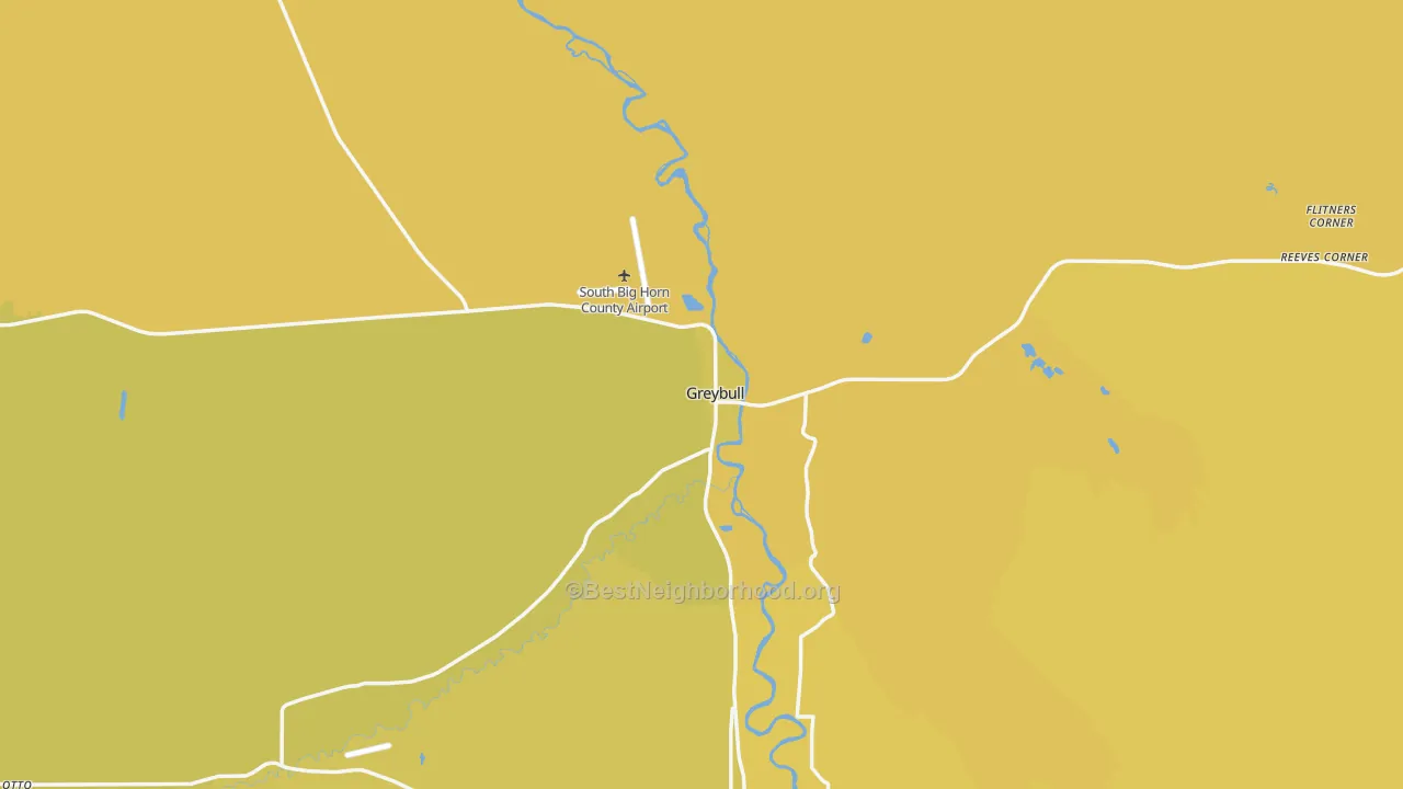 Map of the best neighborhoods in the Greybull area, with better matches in green and worse matches in red