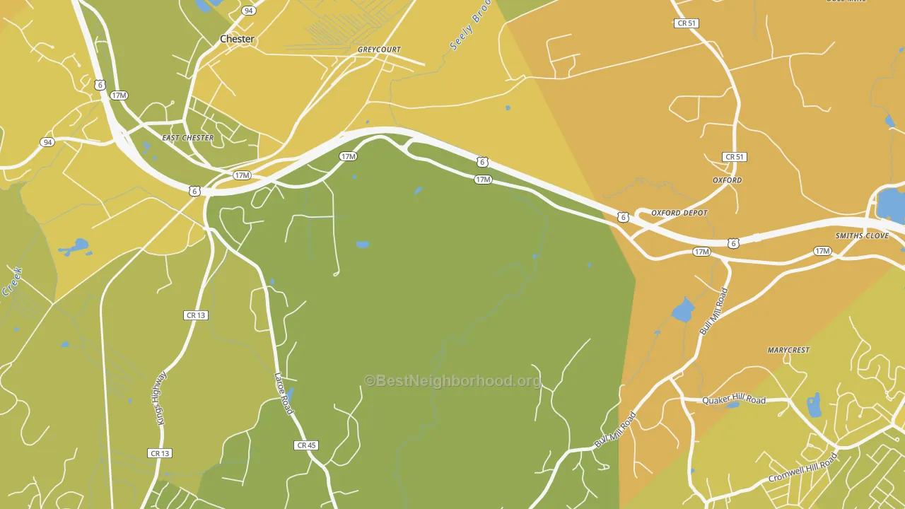Map of the best neighborhoods in the Greycourt area, with better matches in green and worse matches in red