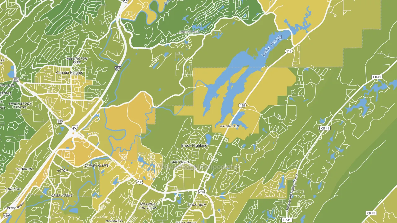 Map of the best neighborhoods in the Greystone, Birmingham area, with better matches in green and worse matches in red