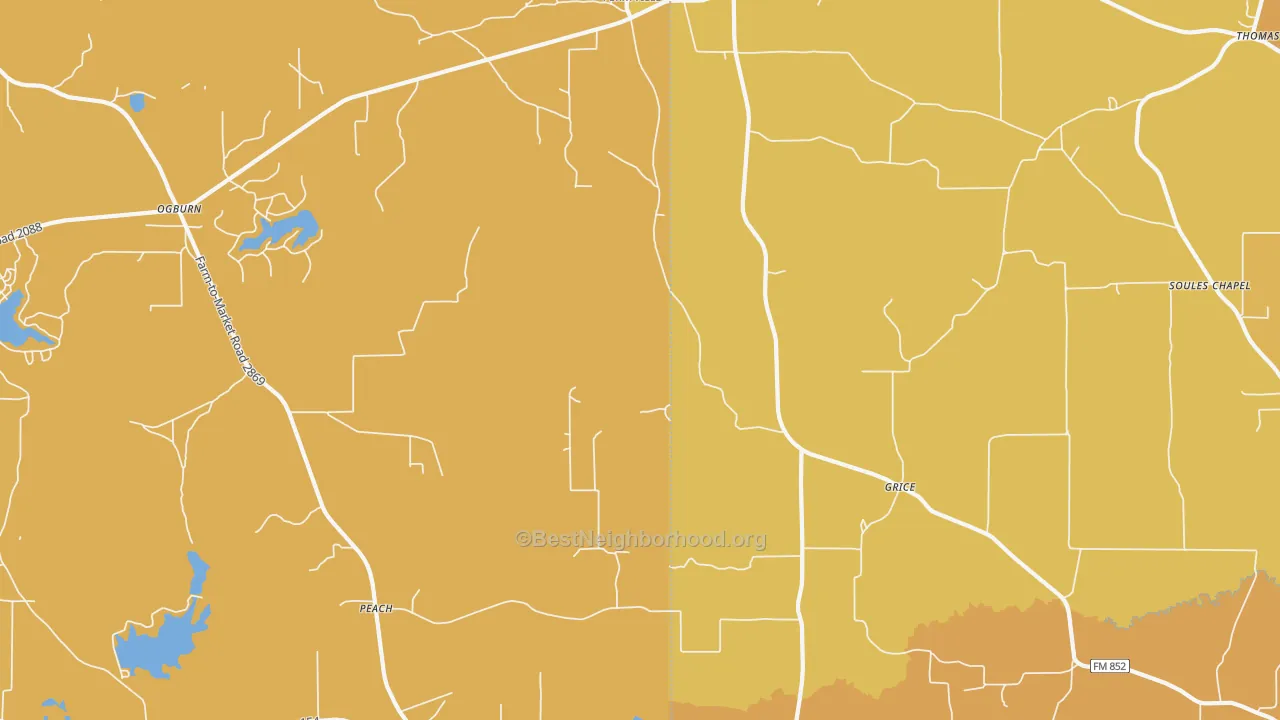 Map of the best neighborhoods in the Grice area, with better matches in green and worse matches in red