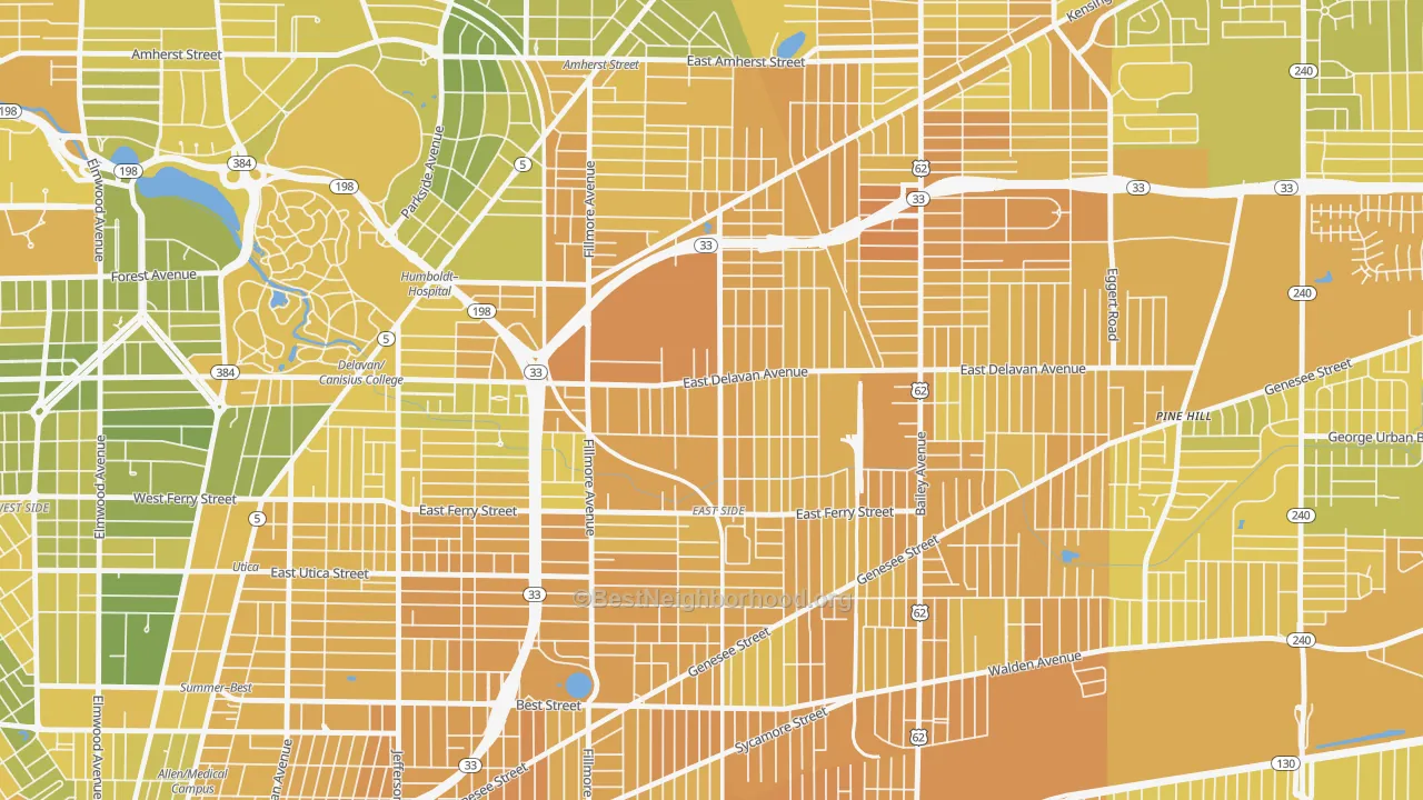 Map of the best neighborhoods in the Grider, Buffalo area, with better matches in green and worse matches in red