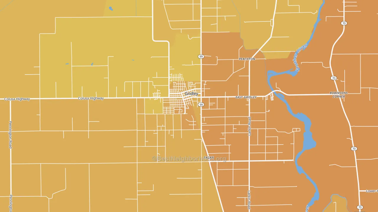 Map of the best neighborhoods in the Gridley area, with better matches in green and worse matches in red