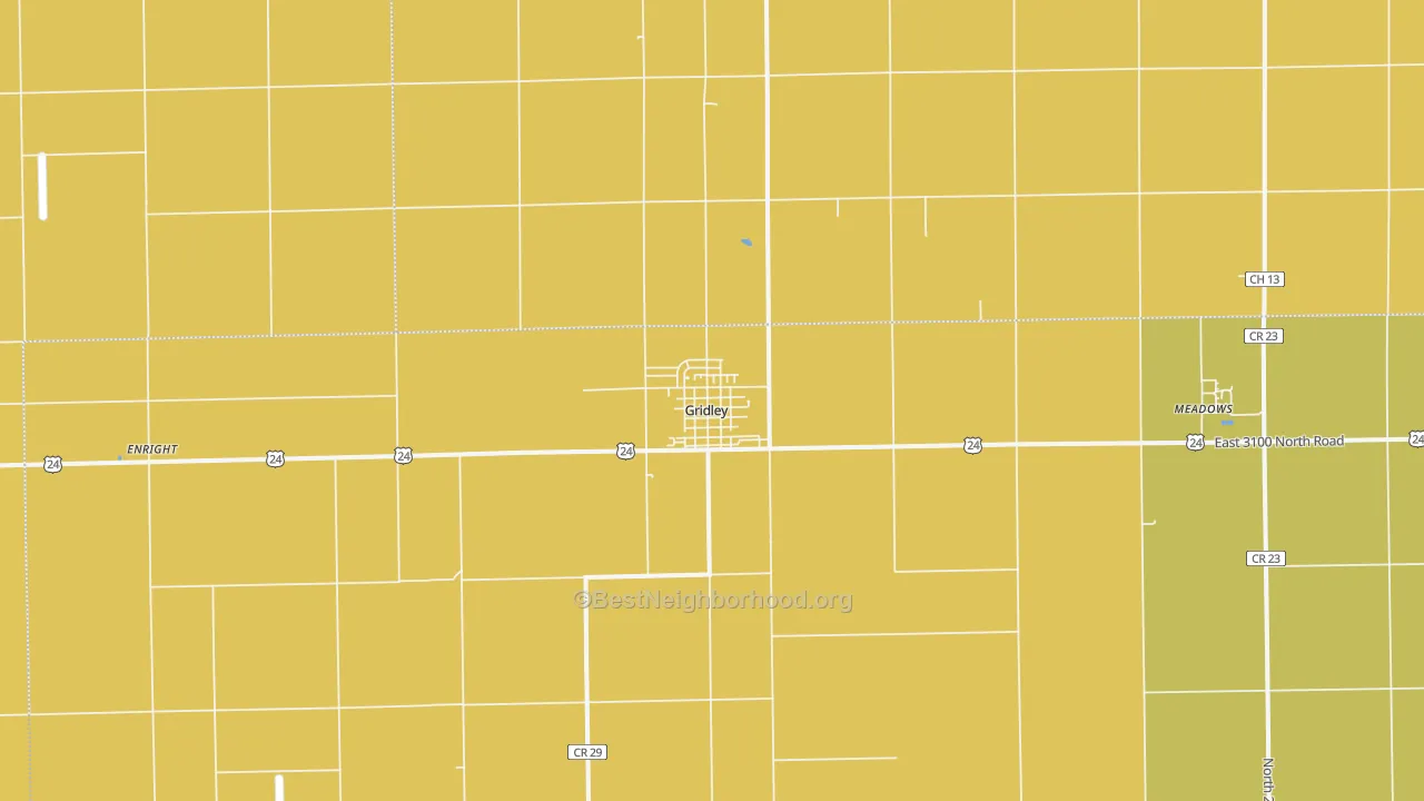 Map of the best neighborhoods in the Gridley area, with better matches in green and worse matches in red