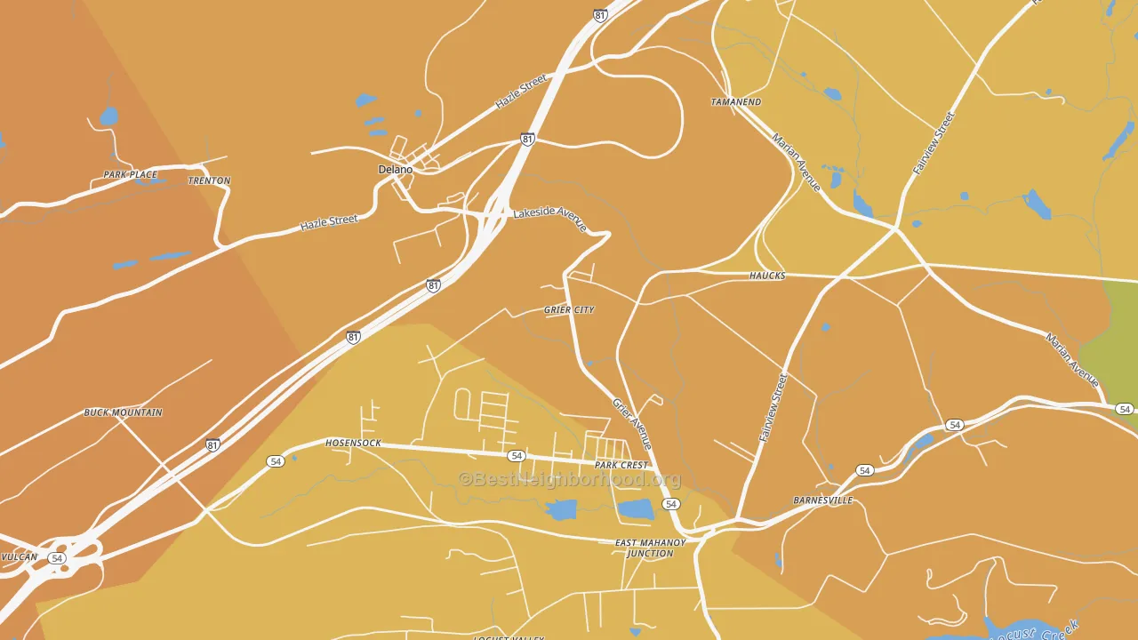 Map of the best neighborhoods in the Grier City area, with better matches in green and worse matches in red