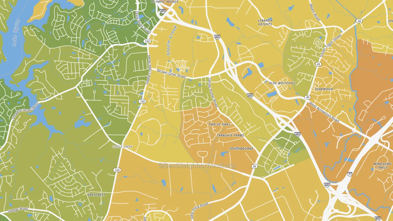 Map of the best neighborhoods in the Griers Fork, Charlotte area, with better matches in green and worse matches in red