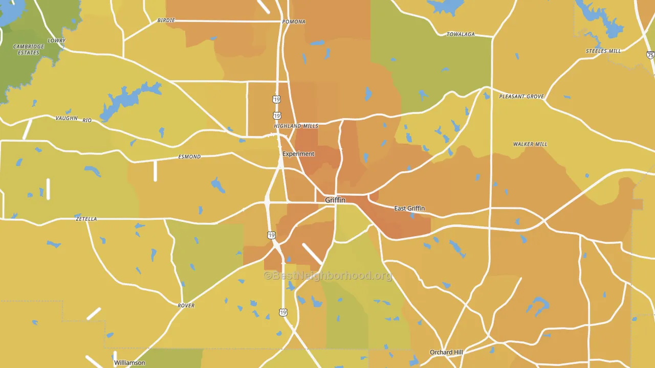 Map of the best neighborhoods in the Griffin area, with better matches in green and worse matches in red