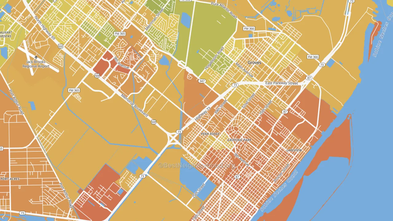 Map of the best neighborhoods in the Griffing Park area, with better matches in green and worse matches in red
