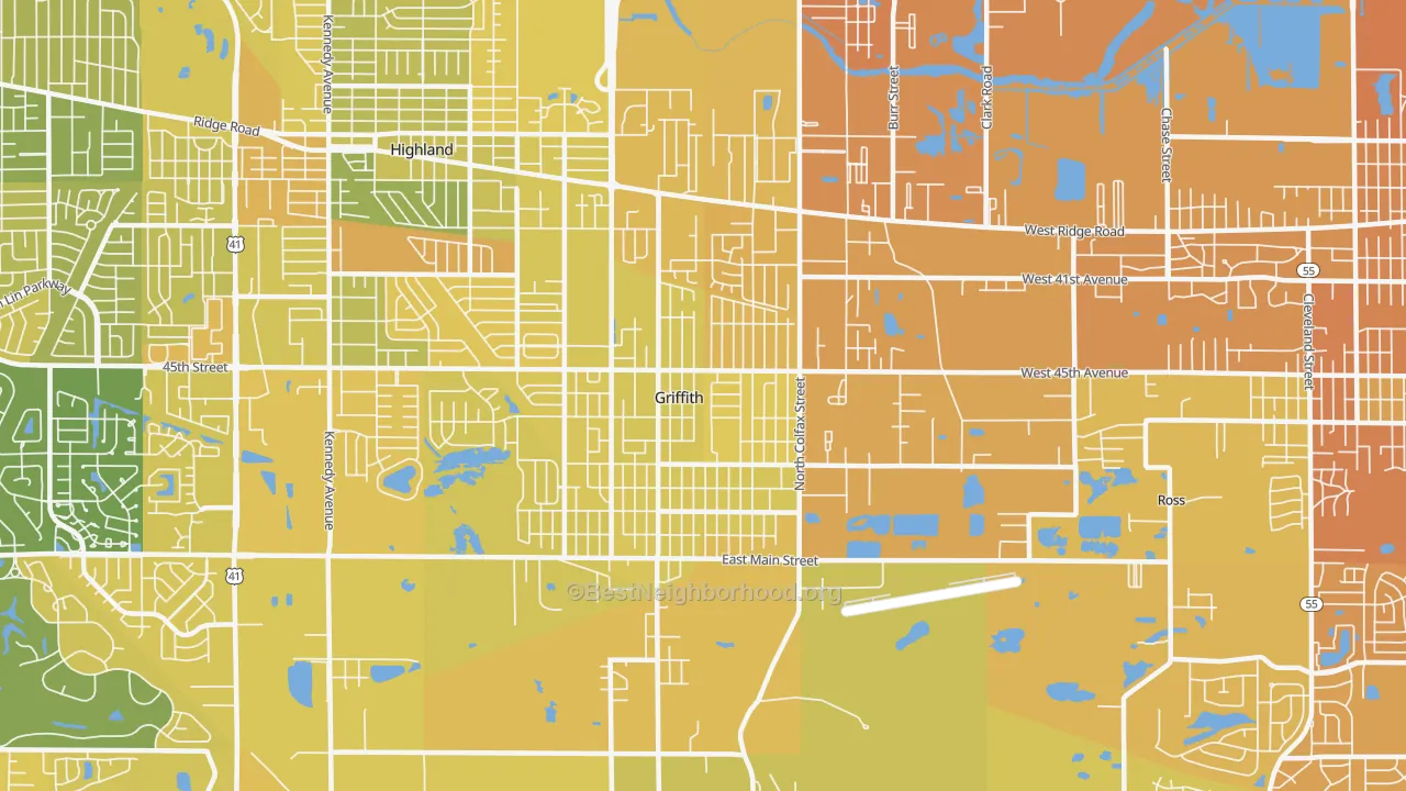 Map of the best neighborhoods in the Griffith area, with better matches in green and worse matches in red