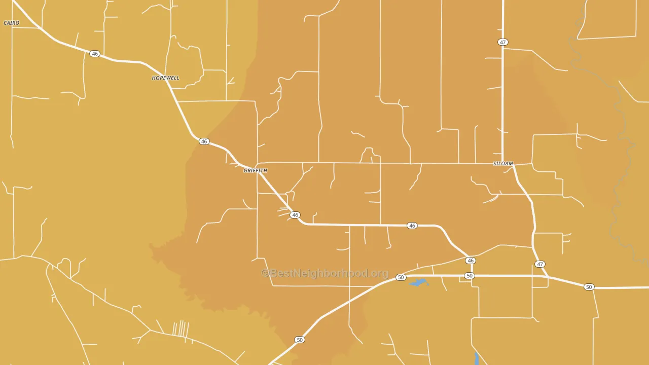 Map of the best neighborhoods in the Griffith area, with better matches in green and worse matches in red