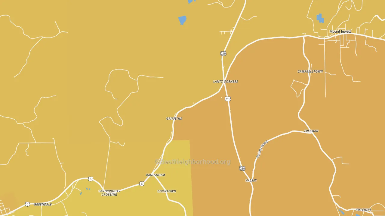 Map of the best neighborhoods in the Griffiths area, with better matches in green and worse matches in red