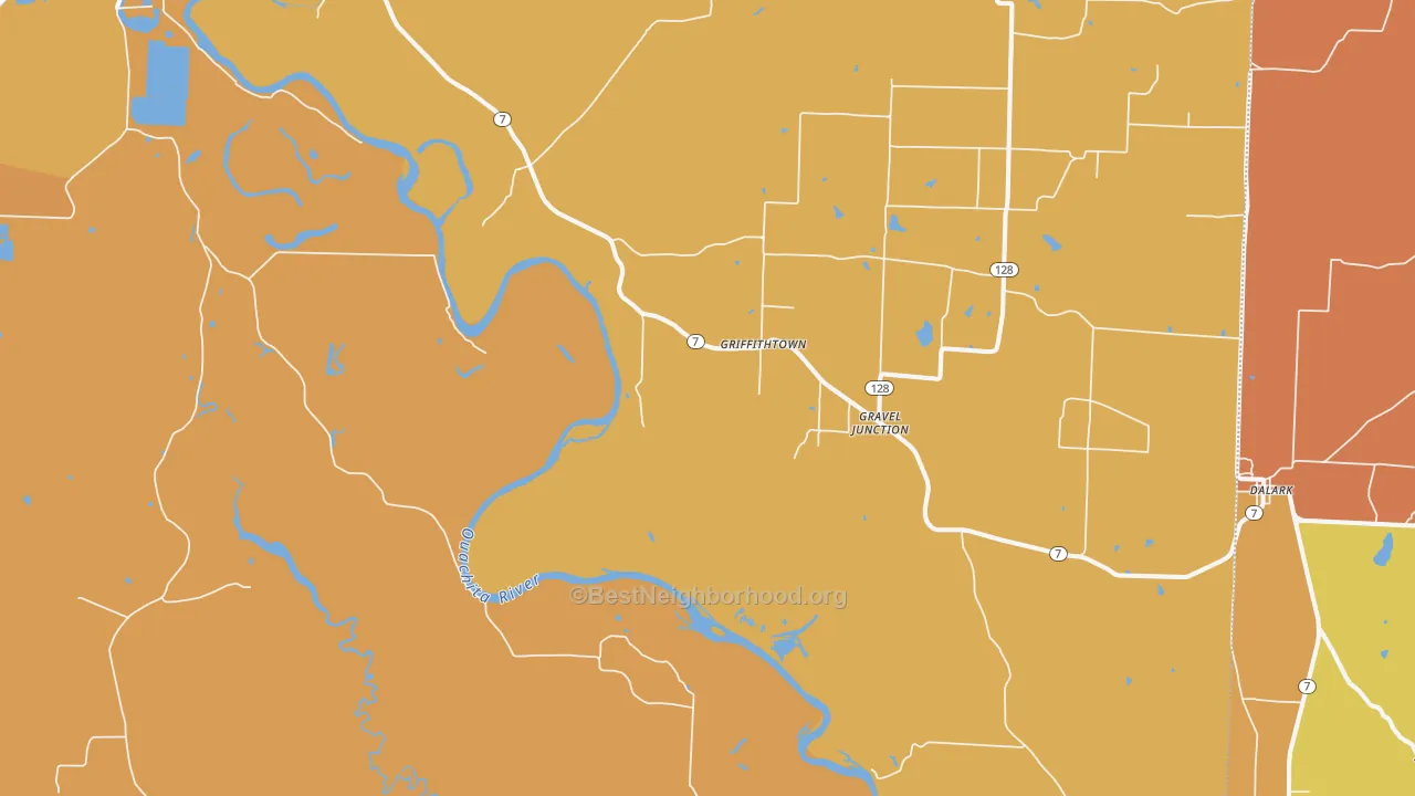 Map of the best neighborhoods in the Griffithtown area, with better matches in green and worse matches in red