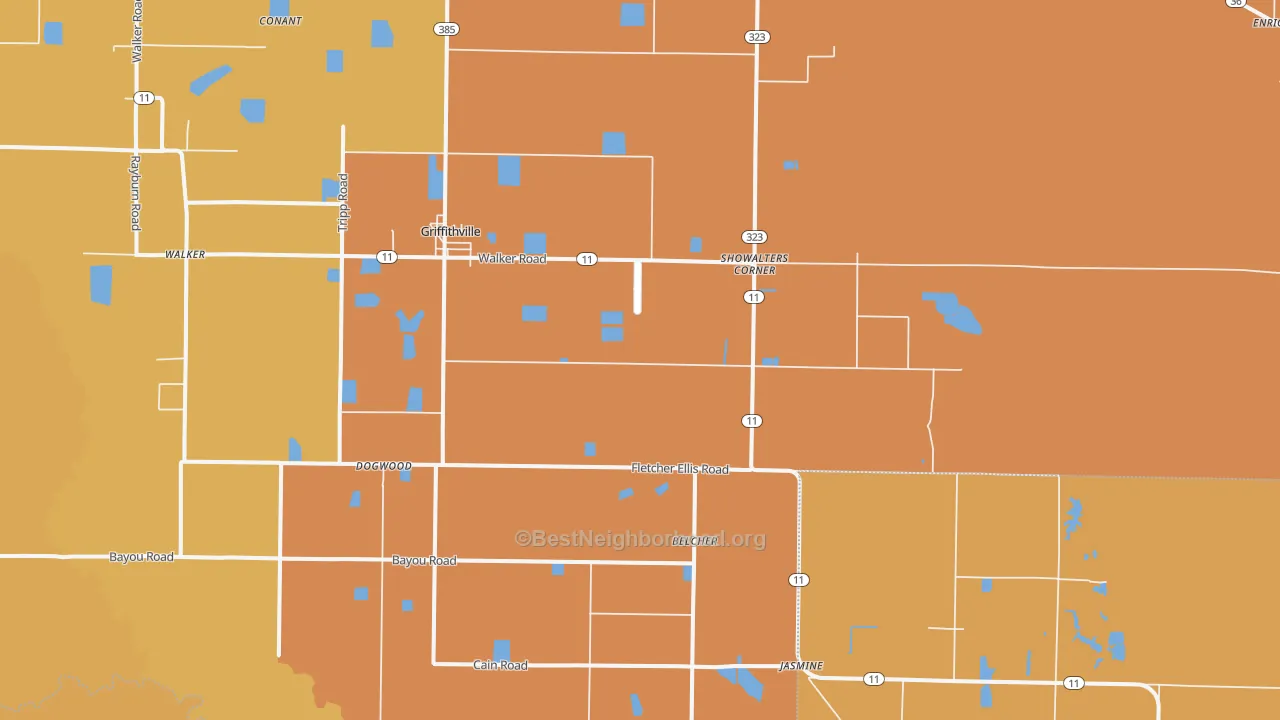 Map of the best neighborhoods in the Griffithville area, with better matches in green and worse matches in red