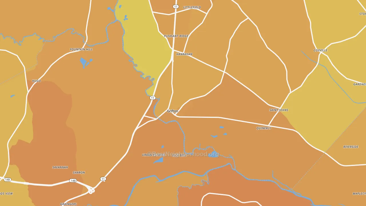 Map of the best neighborhoods in the Grifton area, with better matches in green and worse matches in red