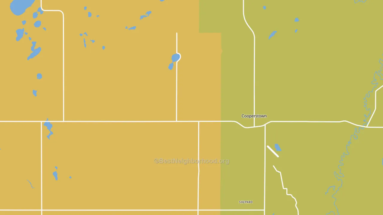Map of the best neighborhoods in the Griggs County area, with better matches in green and worse matches in red