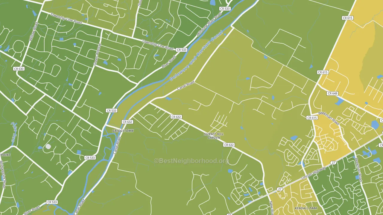 Map of the best neighborhoods in the Griggstown area, with better matches in green and worse matches in red