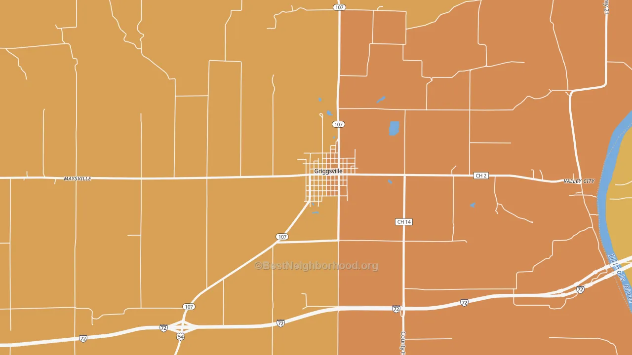 Map of the best neighborhoods in the Griggsville area, with better matches in green and worse matches in red