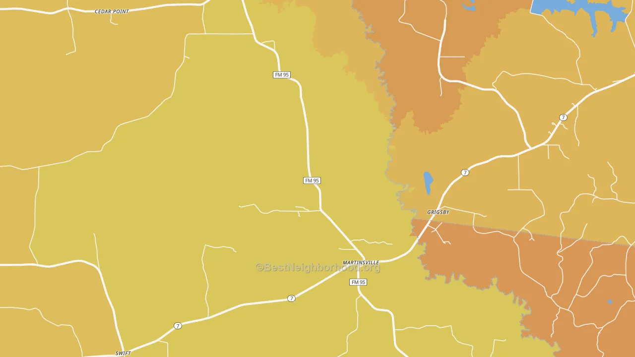 Map of the best neighborhoods in the Grigsby area, with better matches in green and worse matches in red
