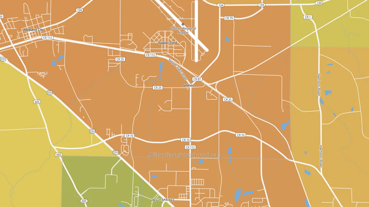 Map of the best neighborhoods in the Grimes area, with better matches in green and worse matches in red