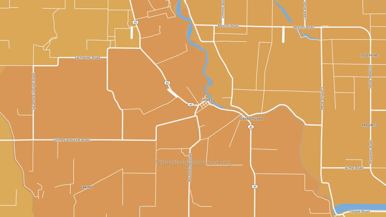 Map of the best neighborhoods in the Grimes area, with better matches in green and worse matches in red
