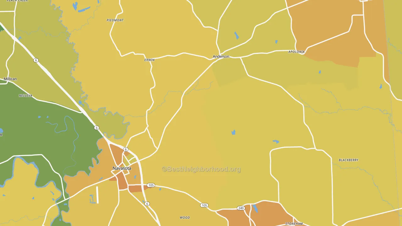 Map of the best neighborhoods in the Grimes County area, with better matches in green and worse matches in red