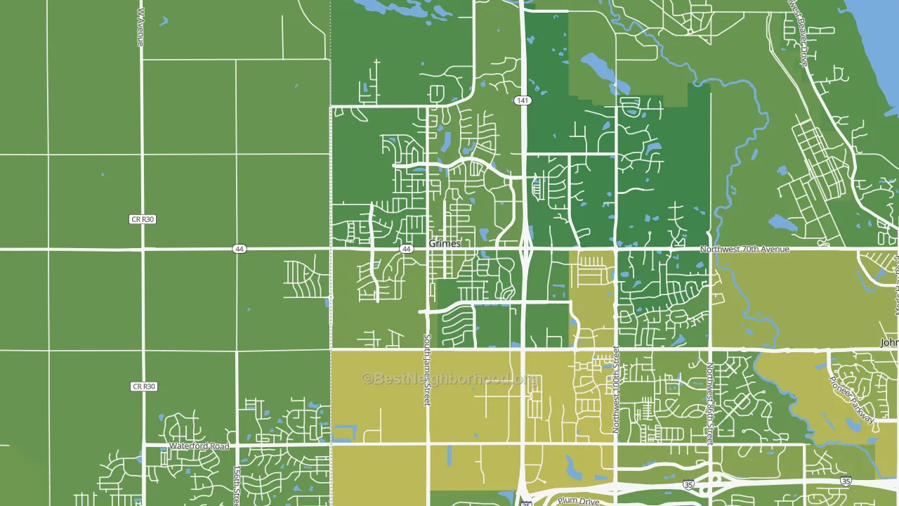 Map of the best neighborhoods in the Grimes area, with better matches in green and worse matches in red
