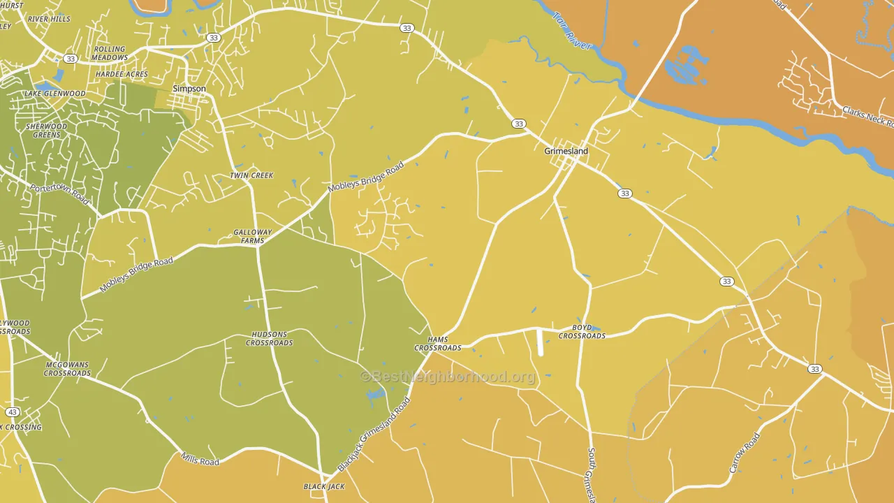 Map of the best neighborhoods in the Grimesland area, with better matches in green and worse matches in red