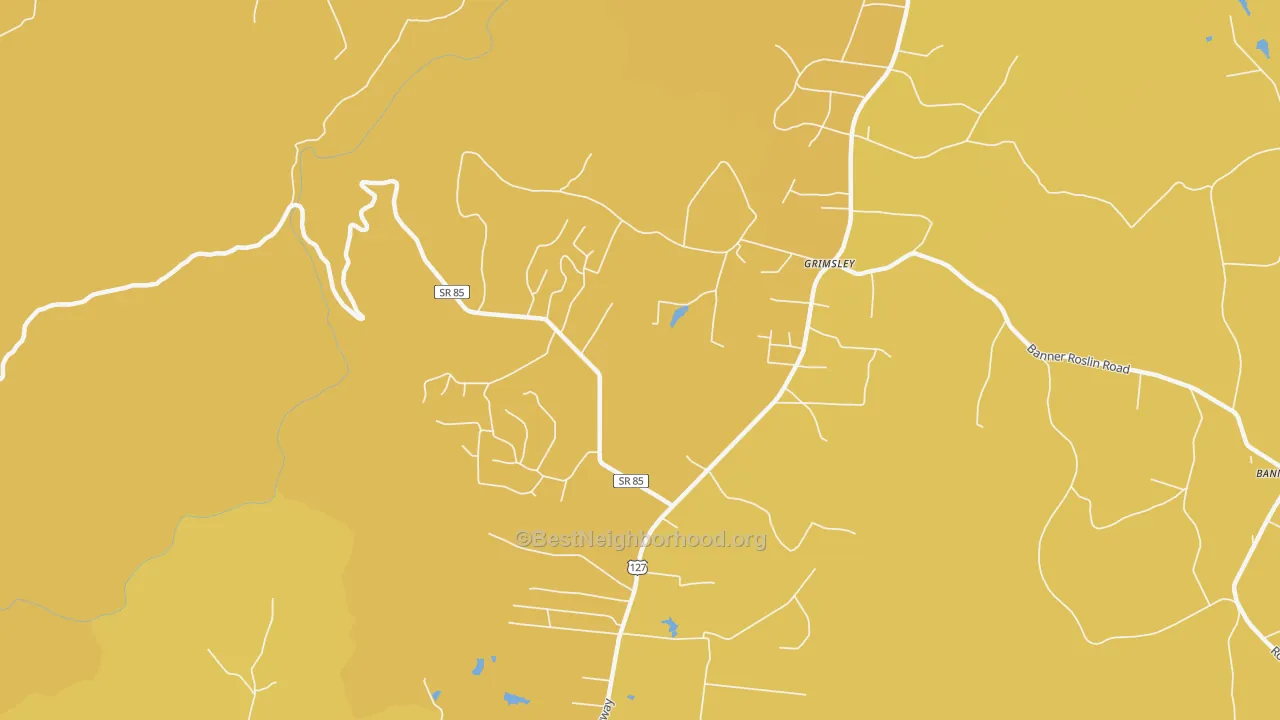 Map of the best neighborhoods in the Grimsley area, with better matches in green and worse matches in red