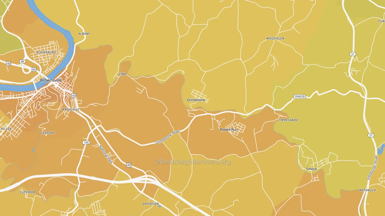 Map of the best neighborhoods in the Grindstone area, with better matches in green and worse matches in red