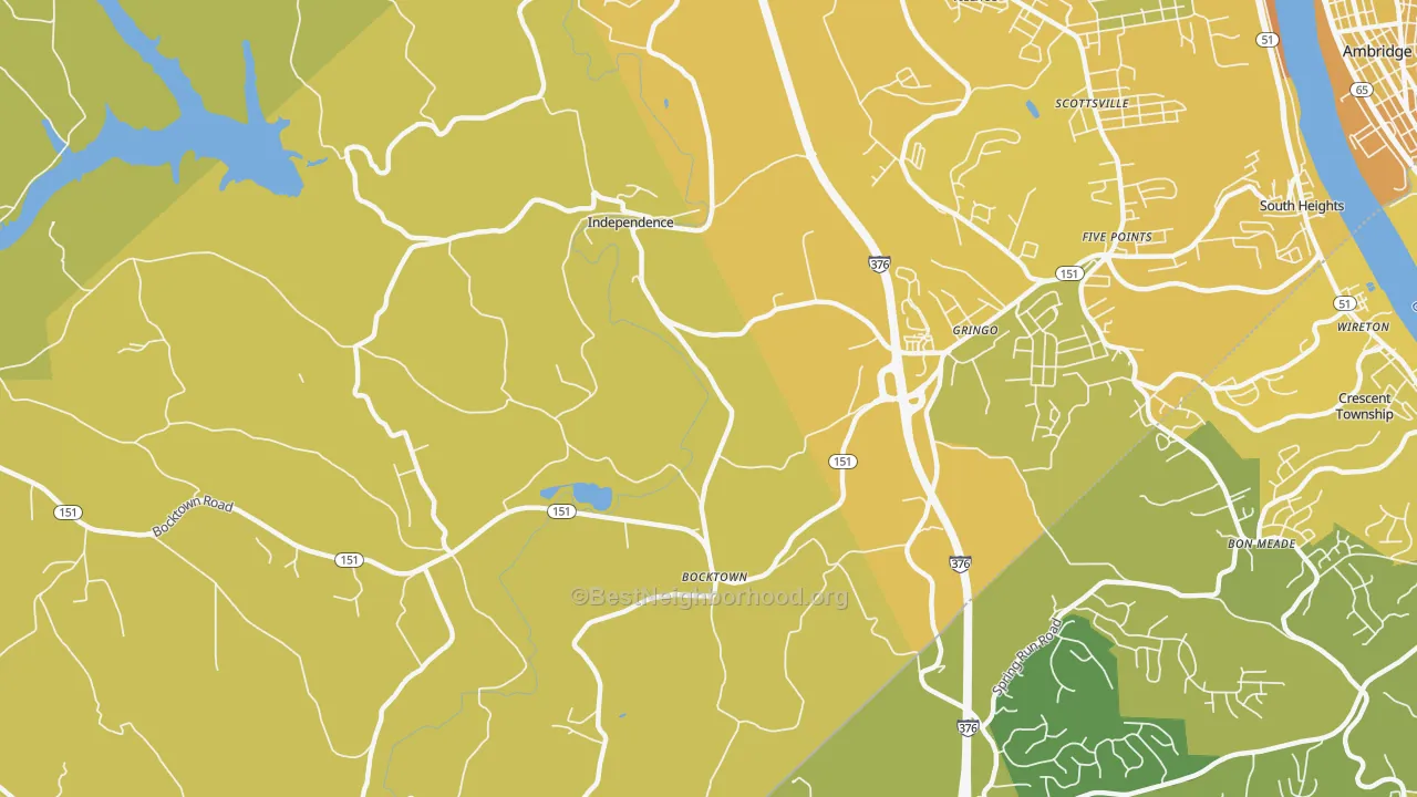 Map of the best neighborhoods in the Gringo area, with better matches in green and worse matches in red