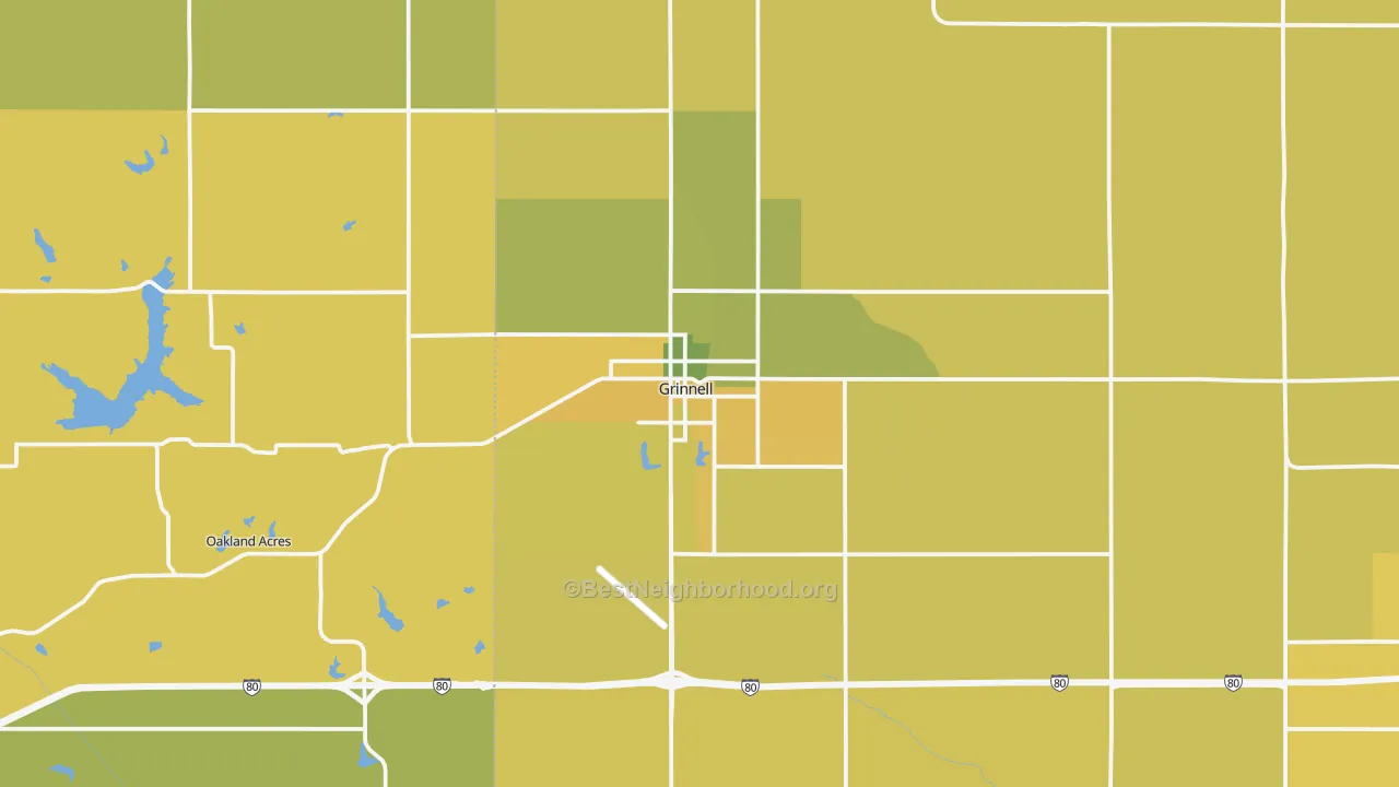 Map of the best neighborhoods in the Grinnell area, with better matches in green and worse matches in red