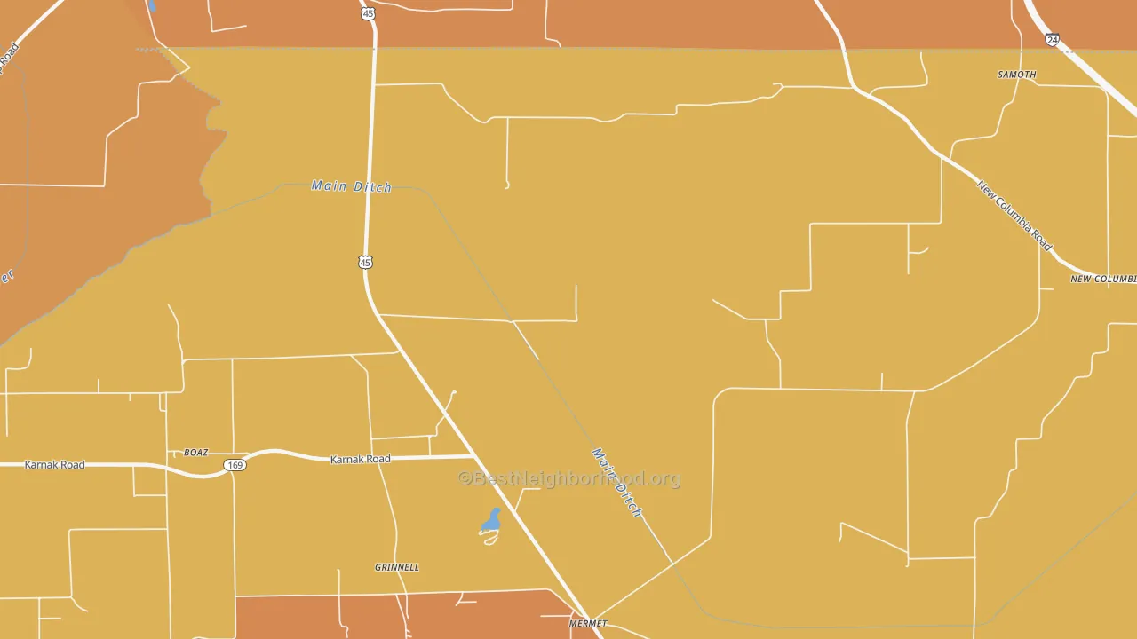 Map of the best neighborhoods in the Grinnell area, with better matches in green and worse matches in red