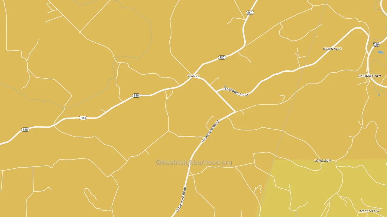 Map of the best neighborhoods in the Grisemore area, with better matches in green and worse matches in red