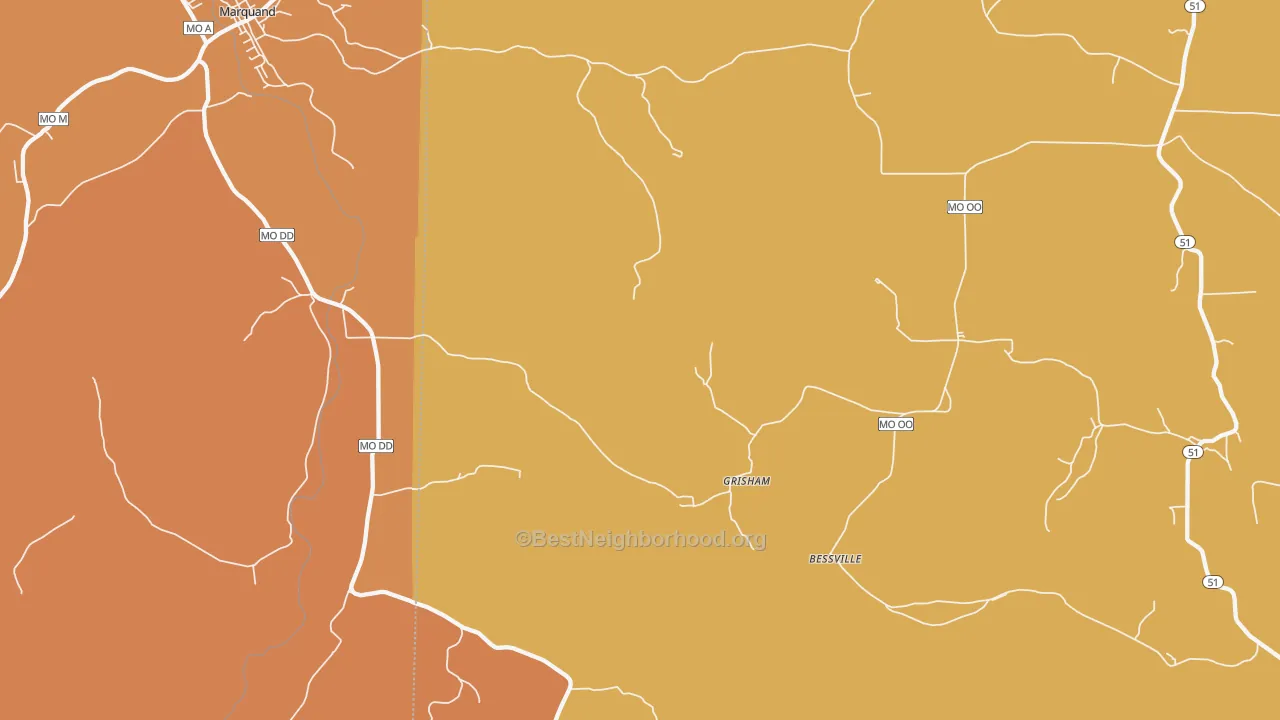 Map of the best neighborhoods in the Grisham area, with better matches in green and worse matches in red