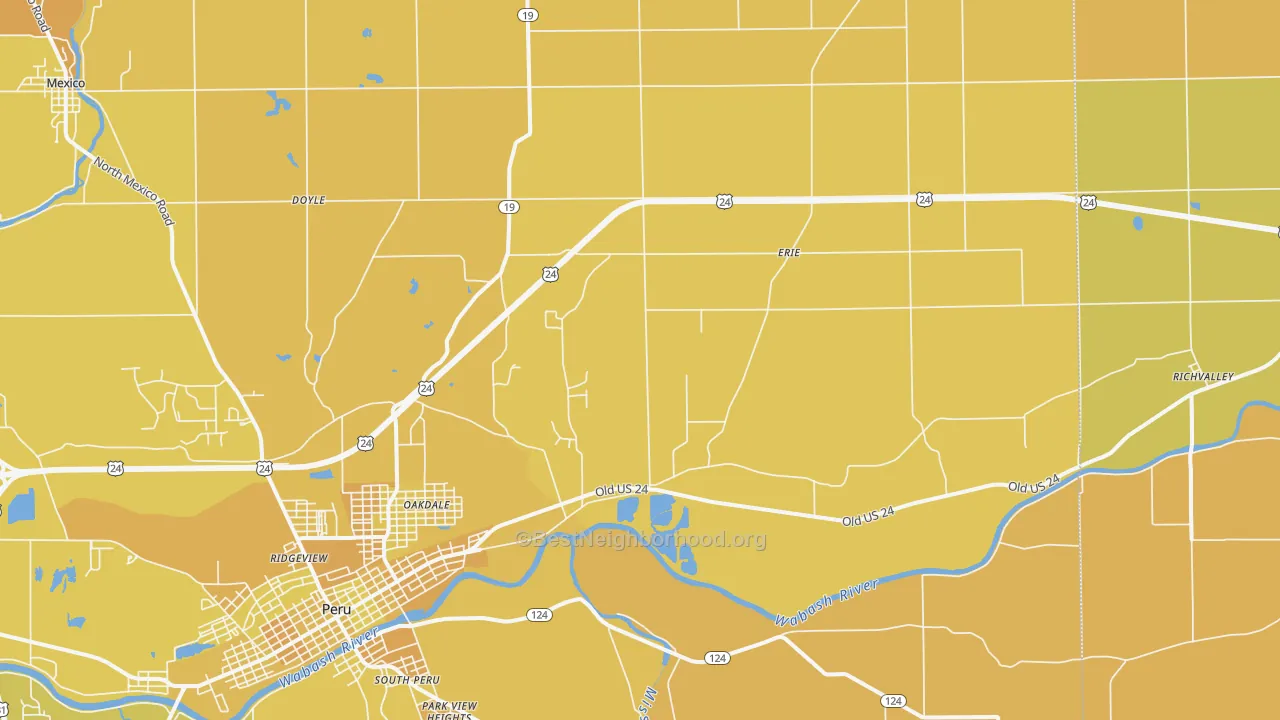 Map of the best neighborhoods in the Grissom Arb area, with better matches in green and worse matches in red