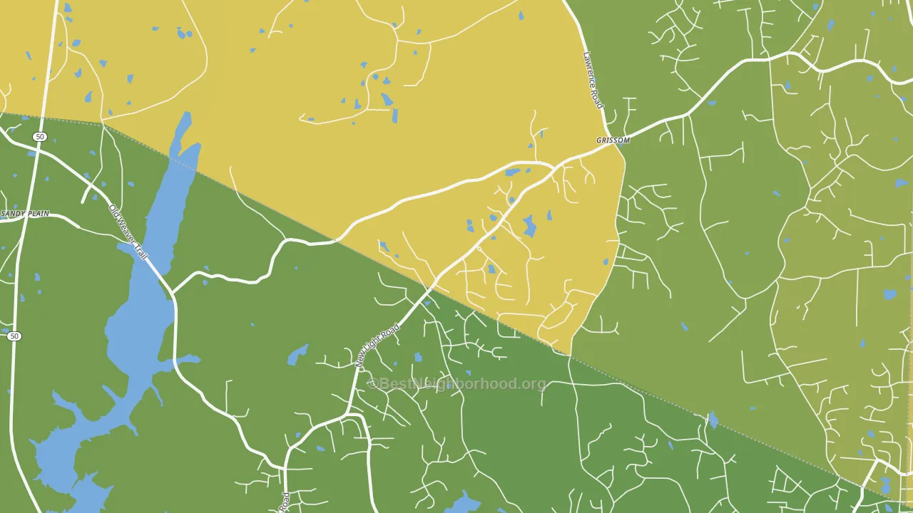 Map of the best neighborhoods in the Grissom area, with better matches in green and worse matches in red