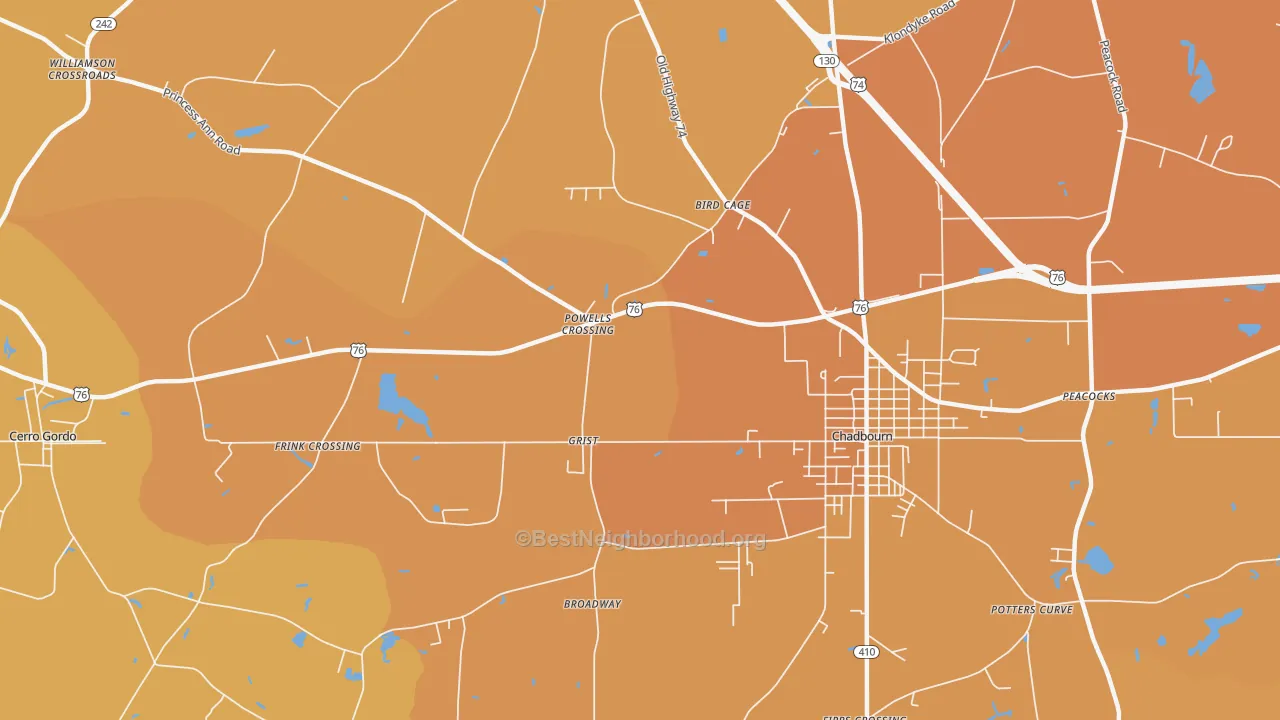 Map of the best neighborhoods in the Grist area, with better matches in green and worse matches in red