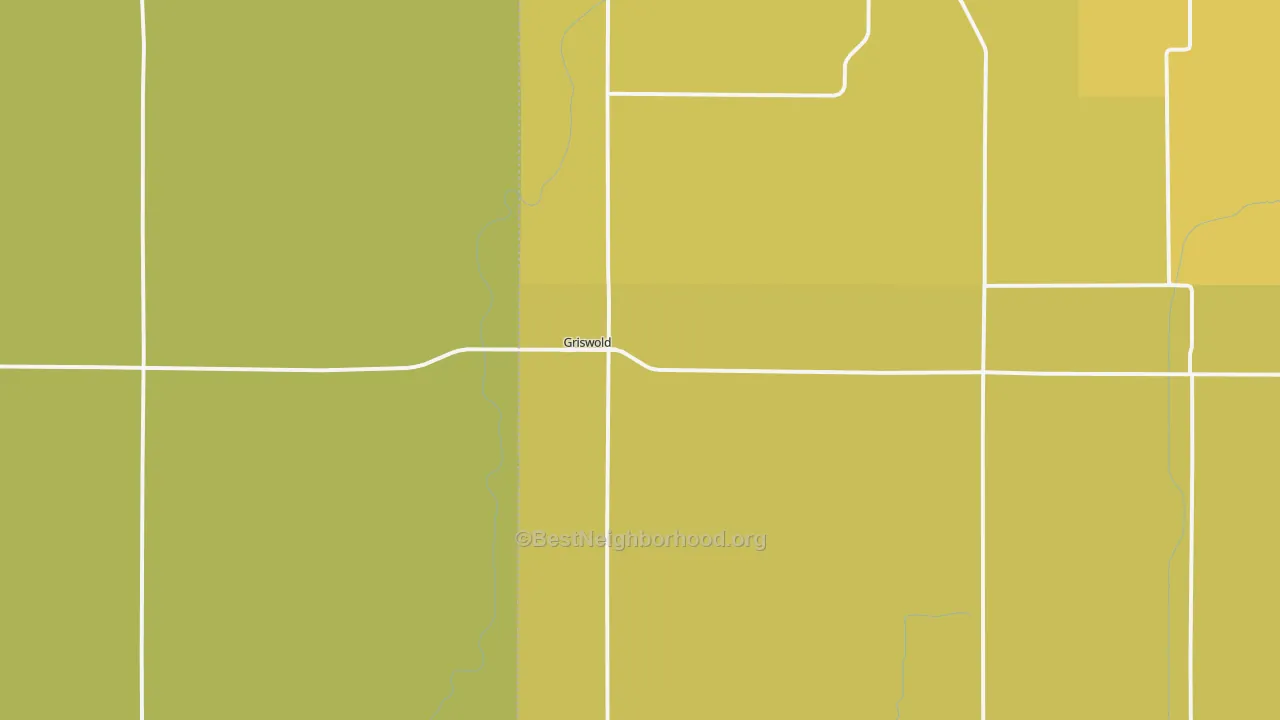 Map of the best neighborhoods in the Griswold area, with better matches in green and worse matches in red