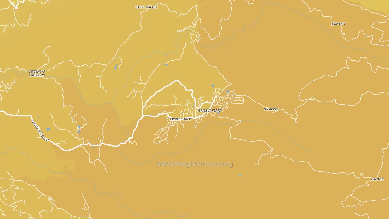 Map of the best neighborhoods in the Grizzly Flats area, with better matches in green and worse matches in red